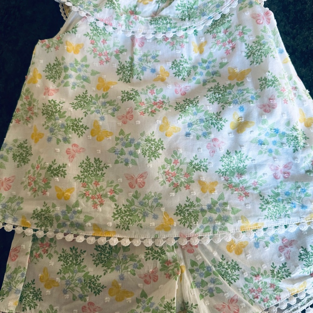 Butterfly Floral Cotton Tank Top & Shorts Set - Pastel Yellow, Green, Pink